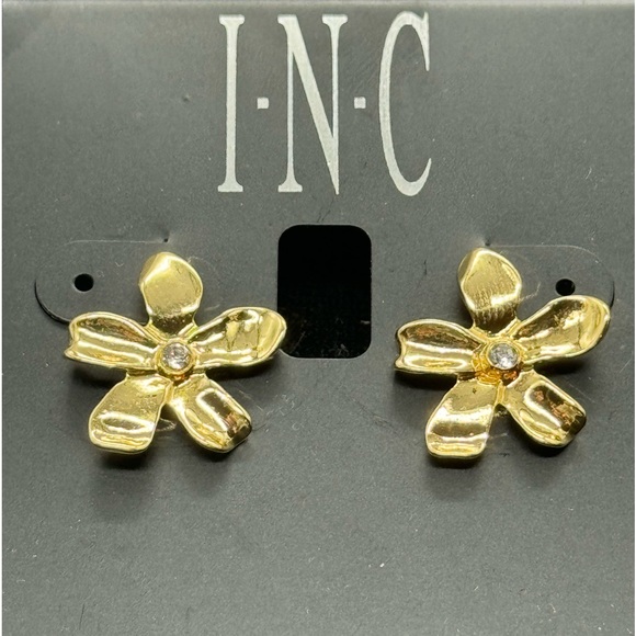 INC Gold Tone Flower with Crystal Post Earrings - Picture 3 of 12